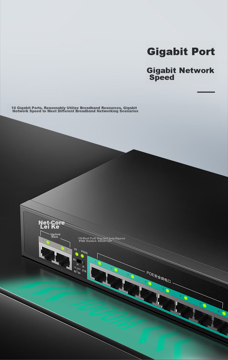 Netcore SG2010P, 10-Port Gigabit 8-Port Powered PoE Switch, Enterprise Engineering Home Security Camera Network Hub, Ethernet Splitter, Compatible with 100Mbps 3