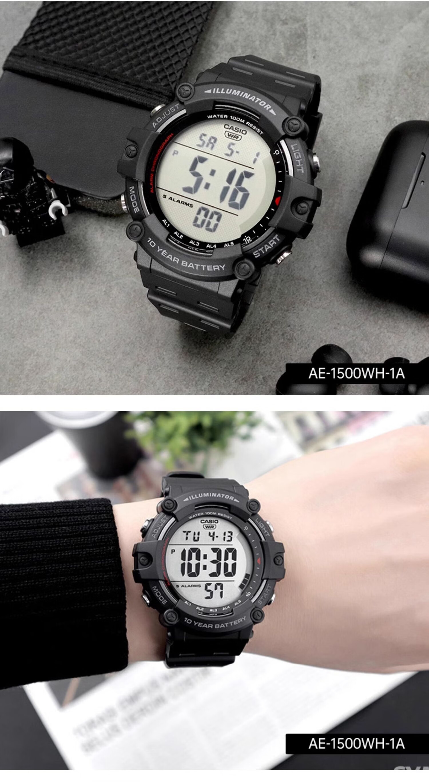 Casio Watch for Men, Large Digital Display, Sports, High School Students, Unisex Watch, Electronic Watch, Gift, AE-1500WH 8