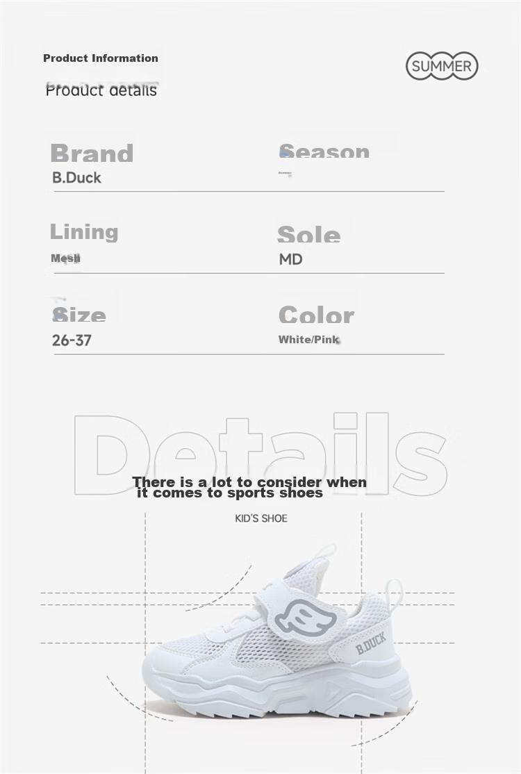 B.Duck Children's Mesh Sneakers, Summer Sports Shoes for Boys And Girls, Breathable White Shoes for Students, Model 3073, White And Pink, Size 26 3