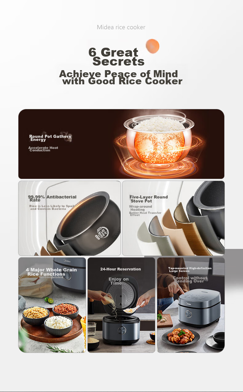 Midea Rice Cooker, 4L Silver Diamond Inner Pot, 11 Large Menu Options, Smart Multi-Function Electric Rice Cooker for Home Use, High Power Rice Pot MB-RE473 (For 3-4 People) 4