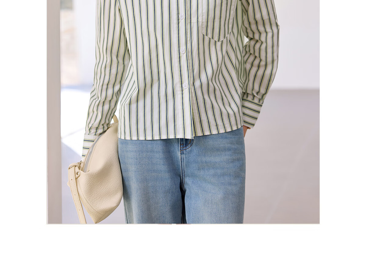 Chushen Women's Long-Sleeve Shirt, Contrasting Color Lapel, Classic Striped Short Casual Commuter Pure Cotton Blouse S51S043 13