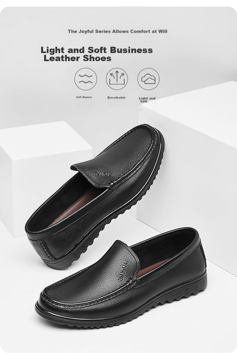 Kangnai Men's Leather Shoes, Versatile And Comfortable Slip-On Loafers, Business Casual Shoes, Cowhide Lightweight Black, Size 44 1