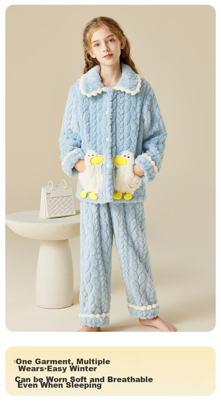 LangSha [Fleece-Lined Thick Flannel] Children's Pajamas, Girls' Autumn And Winter Sleepwear, Big Kids' Home Wear, Warm Set 6