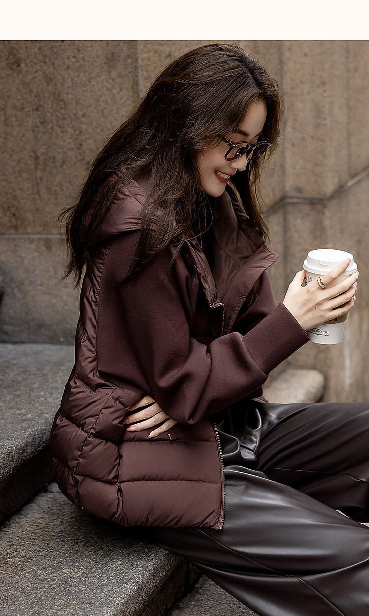 Dme [Stay in The Sunroom] Winter Lightweight Hooded 90% Duck Down Patchwork Knit Air Layer Women's down Jacket 17