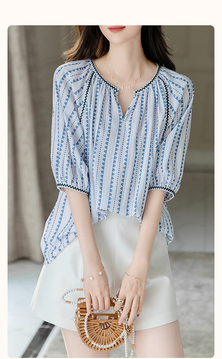 Dme [Gentle Treasure OOTD] Summer French Comfortable Cotton Blend Shirt with Puff Sleeves, Slimming Blouse Women's Top 3