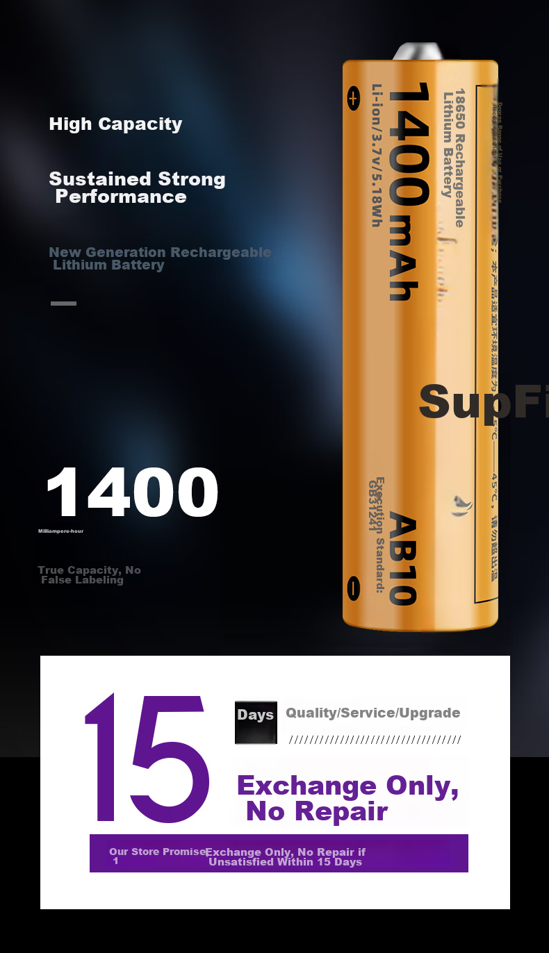 SupFire 18650 Lithium Battery, LED High-Intensity Flashlight AB10 Battery, Rechargeable, 3.7/4.2V, Bright Battery 2