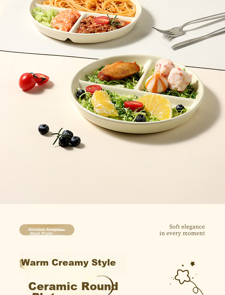 Baijie Ceramic Three-Compartment Steamer Plate Portion Control Divided Plate 211 Sectioned Plate Baby Food Supplement Steamer Dumpling Plate White Porcelain 3