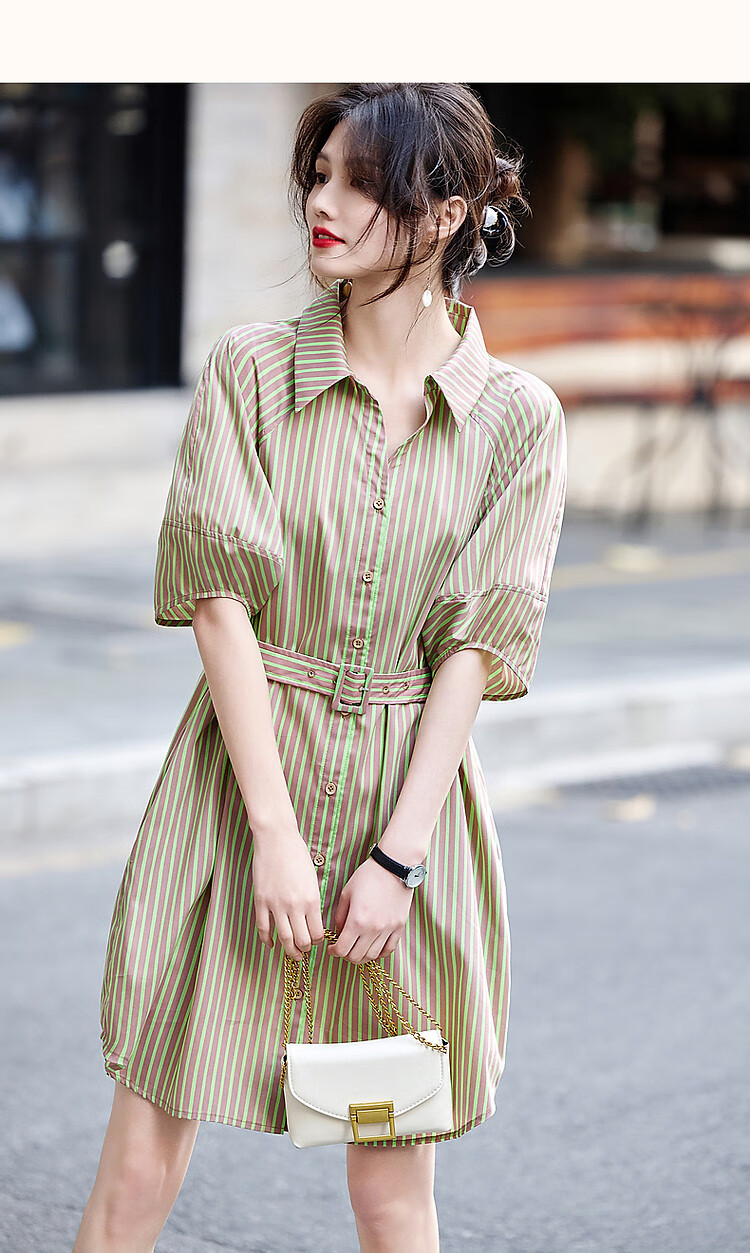 Dme [Tiansitongqin Piece] Summer French Simple Style Ceiling Lyocell Shirt Dress, Striped Waist Belt Dress 12