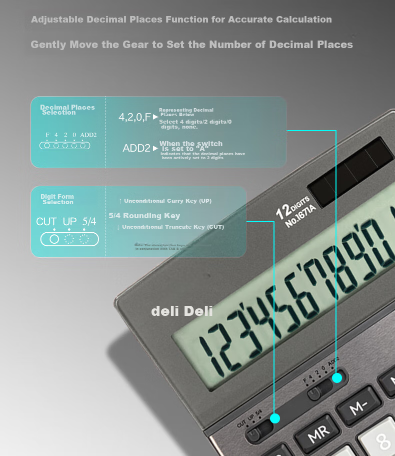 Deli Dual Power Business Office Desktop Calculator, 12-Digit Large Screen Plastic Keypad Desktop Calculator, 1671A 8