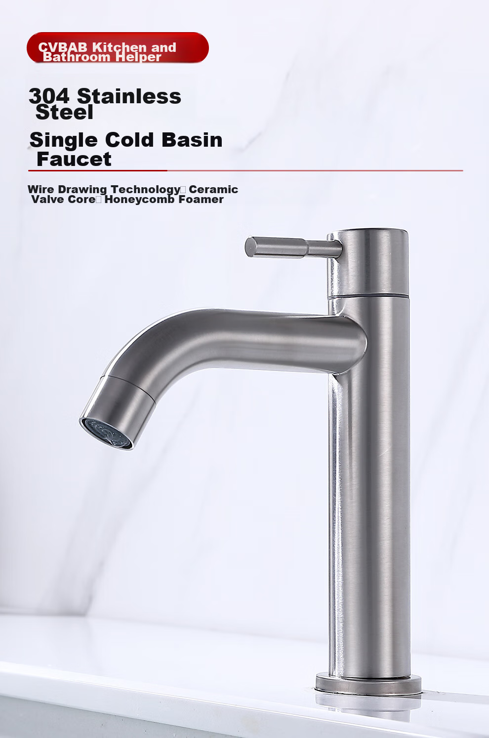 CVBAB Basin Faucet Single Cold, Bathroom Sink Faucet, Washbasin Faucet, Face Basin Faucet, 304 Stainless Steel CV1508N 1