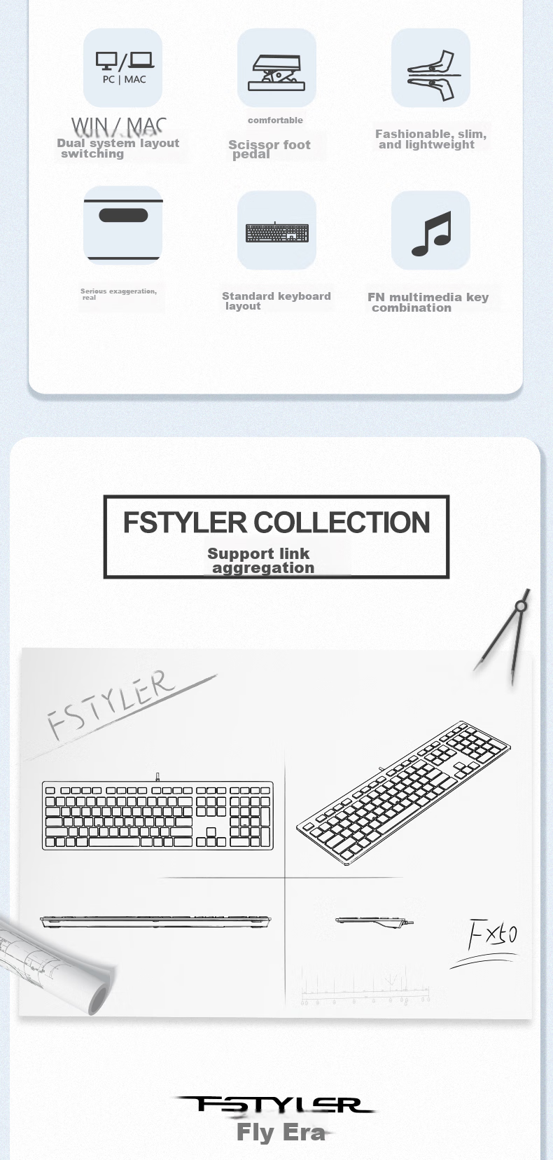 A4TECH FX50, 109-Key Wired Keyboard, Thin Film Quiet Keyboard, Computer Keyboard, Mac Keyboard, Office Typing, Good Hand Feel, Fei Shidai, Scissor Foot Keyboard, Ivory White, Wired 2