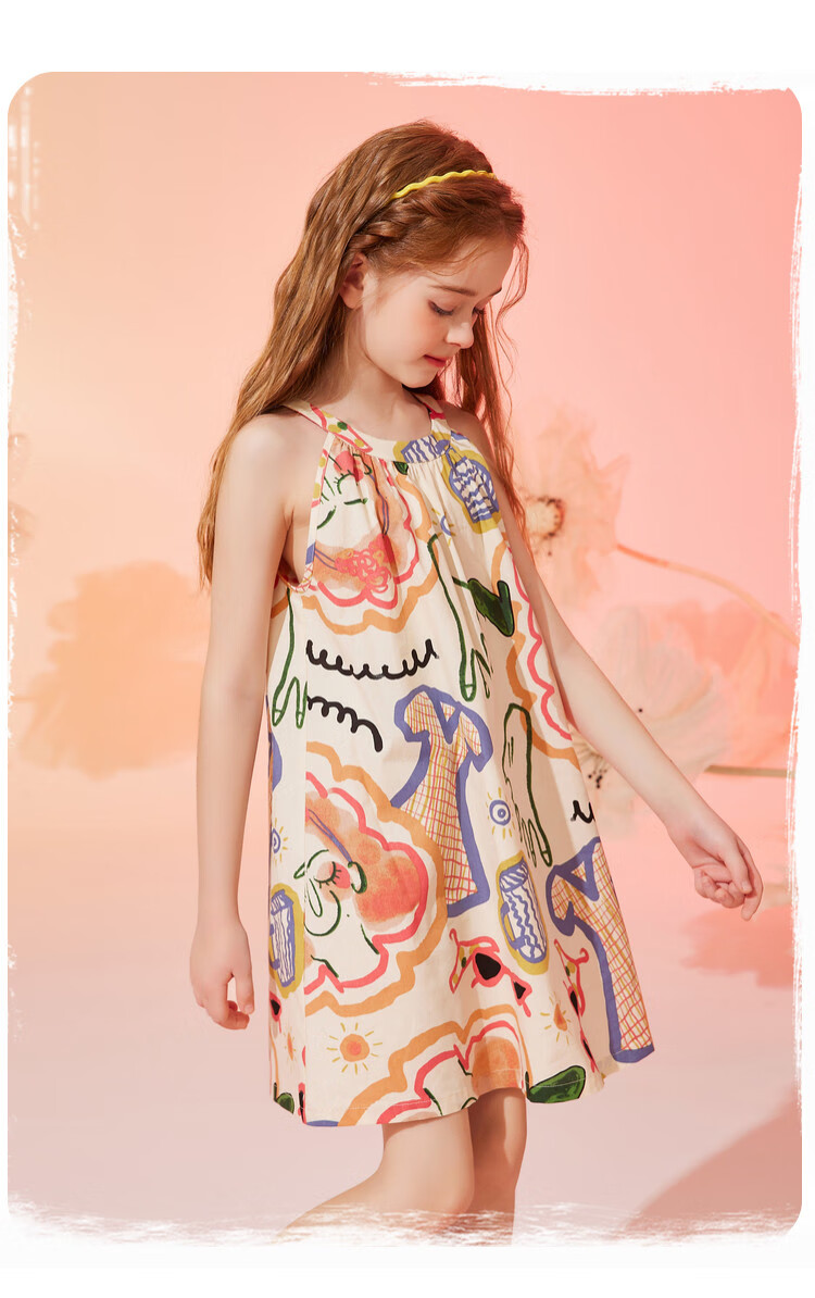 ASK JUNIOR Girls' Summer Dress, Children's Graffiti Spaghetti Strap Princess Dress, Beach Vacation Style 3