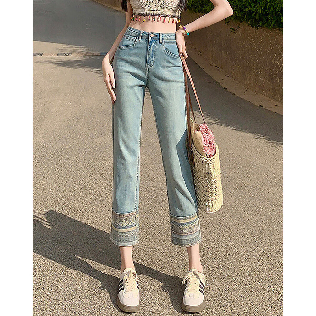 Dme [Light Ethnic Style] Spring And Summer Mid-Rise Straight-Leg Zipper Cropped Pants Women's Trousers Women's Jeans