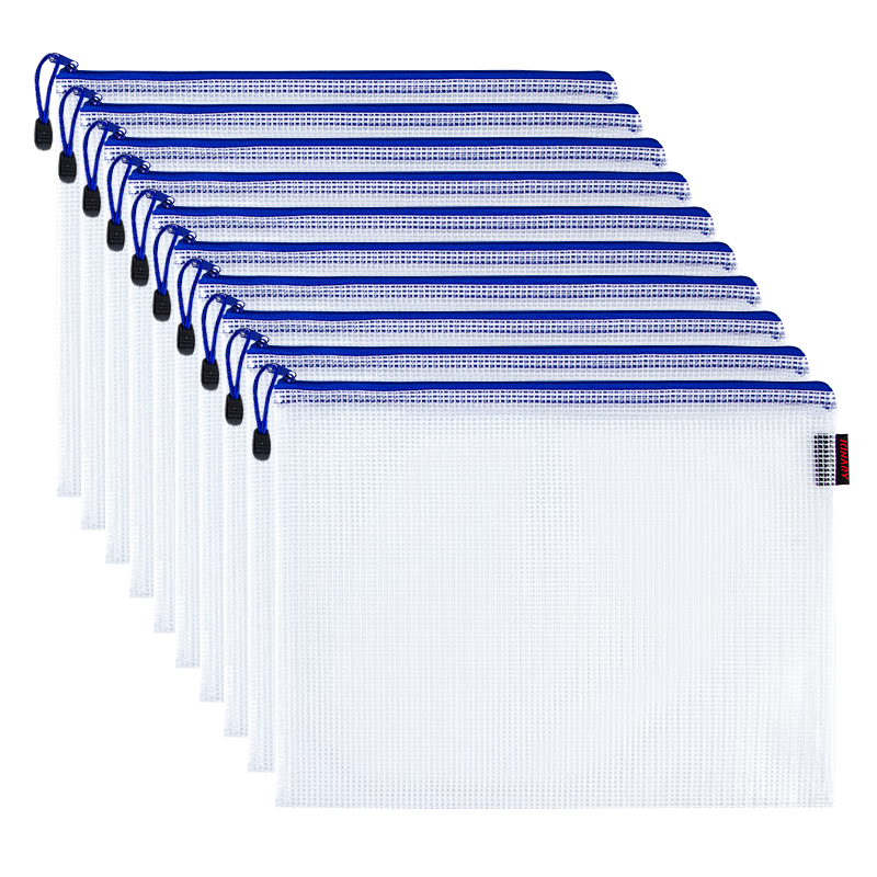 Jindeli 10 A4 Plastic Mesh Contract Transparent File Folders with Zipper, Document Bags, Student Exam Paper Storage Pouches, Handbags, Office Supplies, Stationery, Blue FB8030