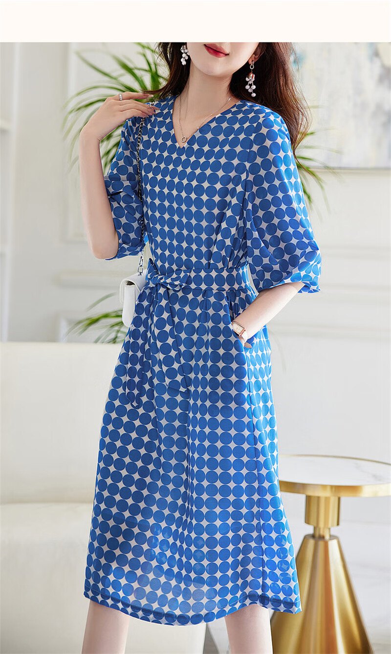 Dme Commuting Polka Dot Vintage Dress Summer V-Neck Lantern Sleeve Chiffon Mid-Length Dress for Women 23