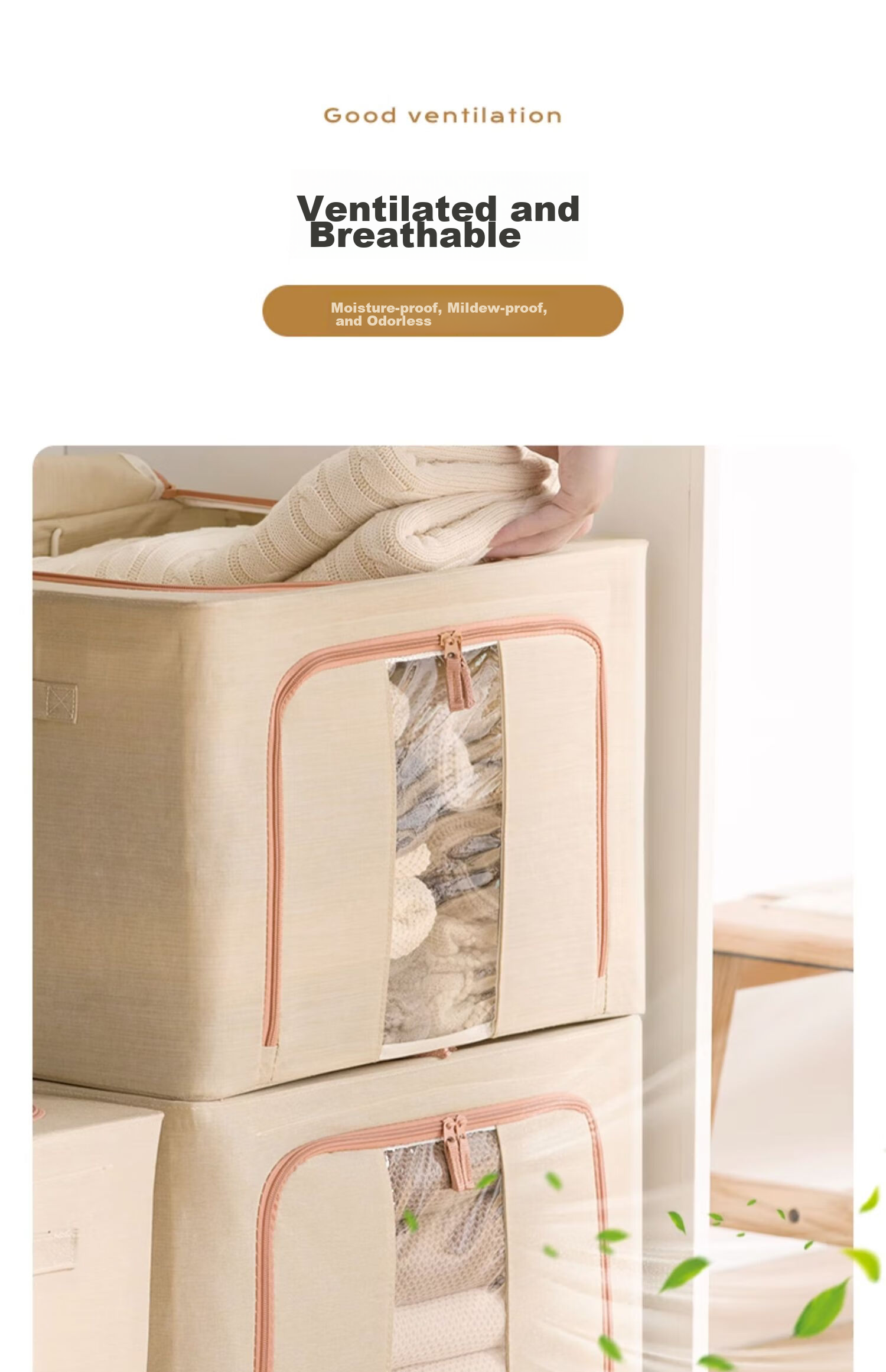 CHAHUA Storage Box, Fabric Folding Organizer, Stackable, 66 Liters, Beige, Under-Bed Storage, Dormitory Storage 8