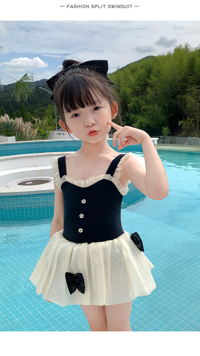 F.DYRAA Girls' One-Piece Swimsuit, Princess Dress Style, Cute Design for Little Girls, Suitable for Hot Springs And Swimming, Model 32643, Black, Size 3XL 11