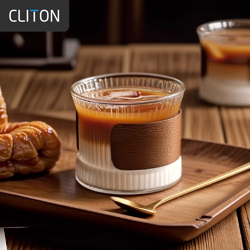 CLITON Coffee Mug Japanese Vertical Striped Anti-Scalding Glass Cup Tea Cup Home High Aesthetic Latte Espresso Cup Glass Water Cup