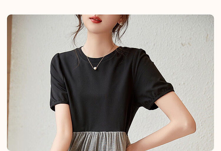 Dme [Sophisticated Sister Dress] Summer Commute Round Neck Roman Cotton Petite Umbrella Skirt Knitted Dress Women's Mid-Length 3