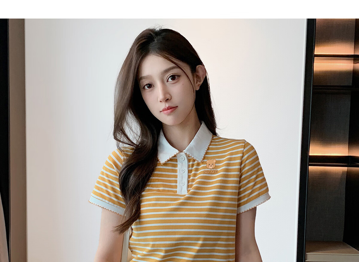 Halo Queen Women's Summer Polo Collar Short Sleeve T-Shirt, Casual Loose Versatile Collared Striped Top H143T1597 23