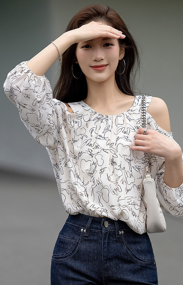 Dme [Qingyan Fanhua] Spring And Autumn Korean-Style Beautiful Women's Design-Inspired Off-Shoulder Shirt, Delicate And Comfortable, Slimming Blouse 14