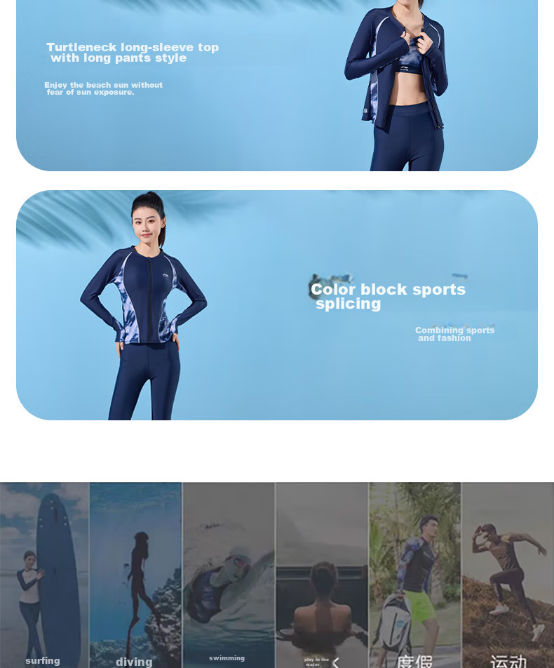 Li-Ning Women's Two-Piece Swimsuit with Long Sleeves And Pants, Conservative Surfing Suit, Beach Sun Protection Hot Spring Swimwear 518, Blue-Gray, L 14