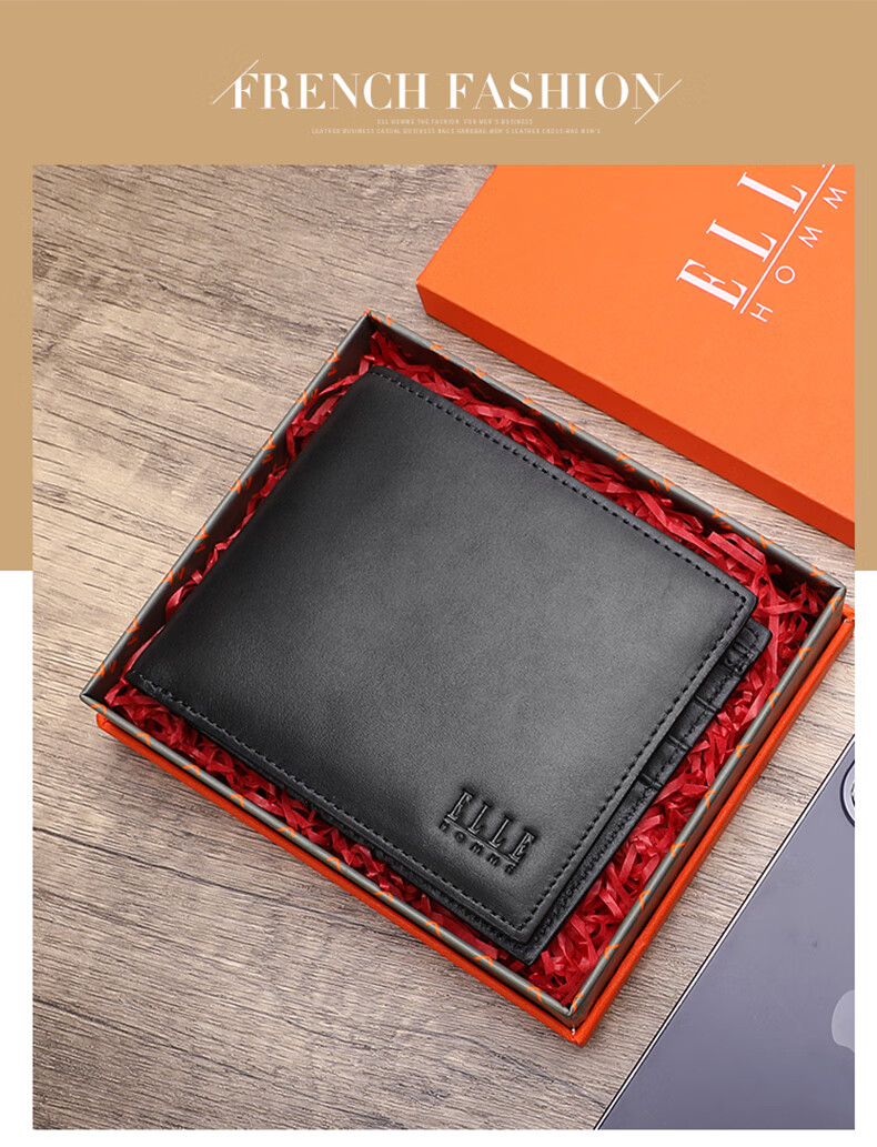 ELLE HOMME Men's Short Wallet, Top-Grain Leather Multifunctional Card Holder, Horizontal Style Money Clip 0620, Birthday Gift for Me 1