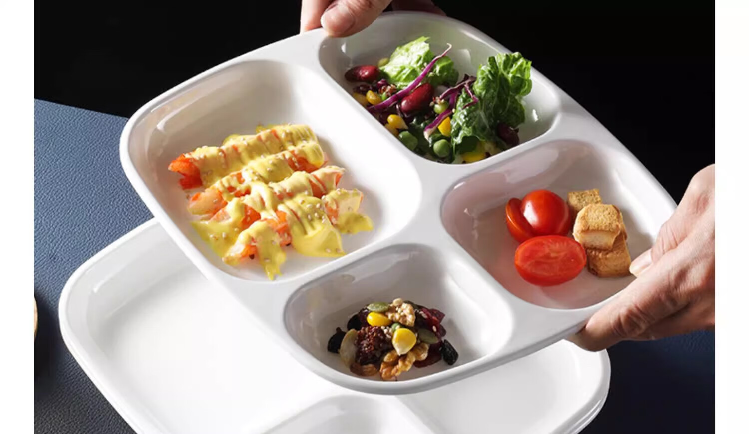 Chuwanya Melamine Fast Food Tray, Round Six-Compartment Imitation Porcelain Serving Plate, Commercial Use for Factories And School Cafeterias, Tableware And Meal Box 6