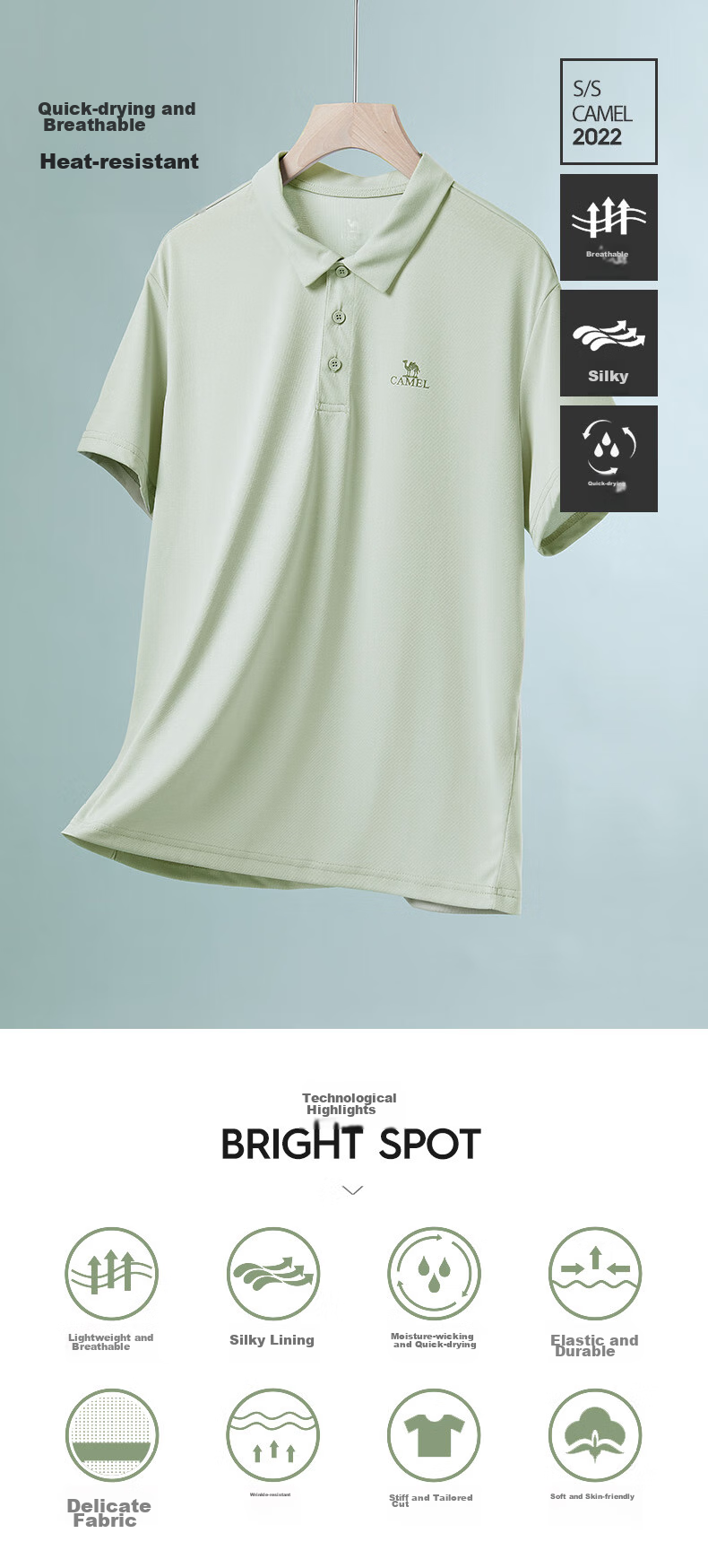 CAMEL POLO Shirt, Outdoor Elastic Quick-Dry T-Shirt, Short-Sleeved Collared Sports Casual Breathable Top, 1003 1