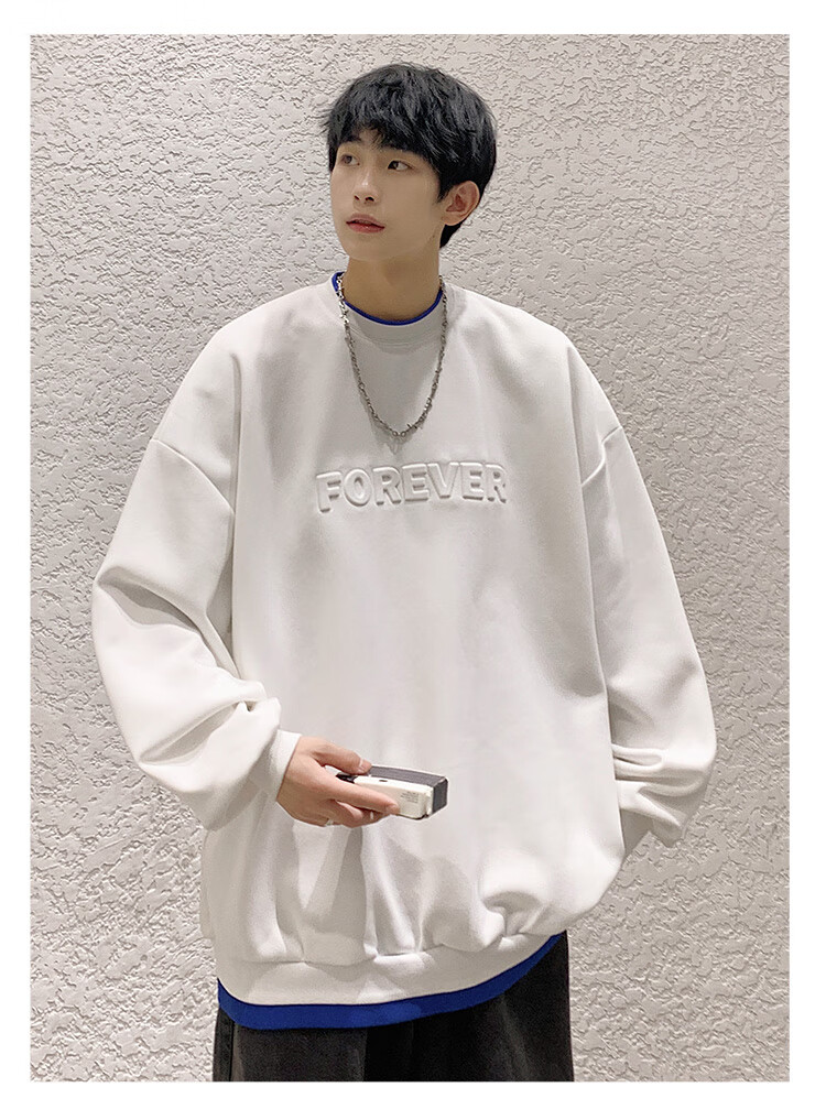 Dingfengbaoluo American Retro Crew Neck Sweatshirt for Men, Spring Trendy Steel-Printed Long-Sleeve Top DFL07 White XL 8