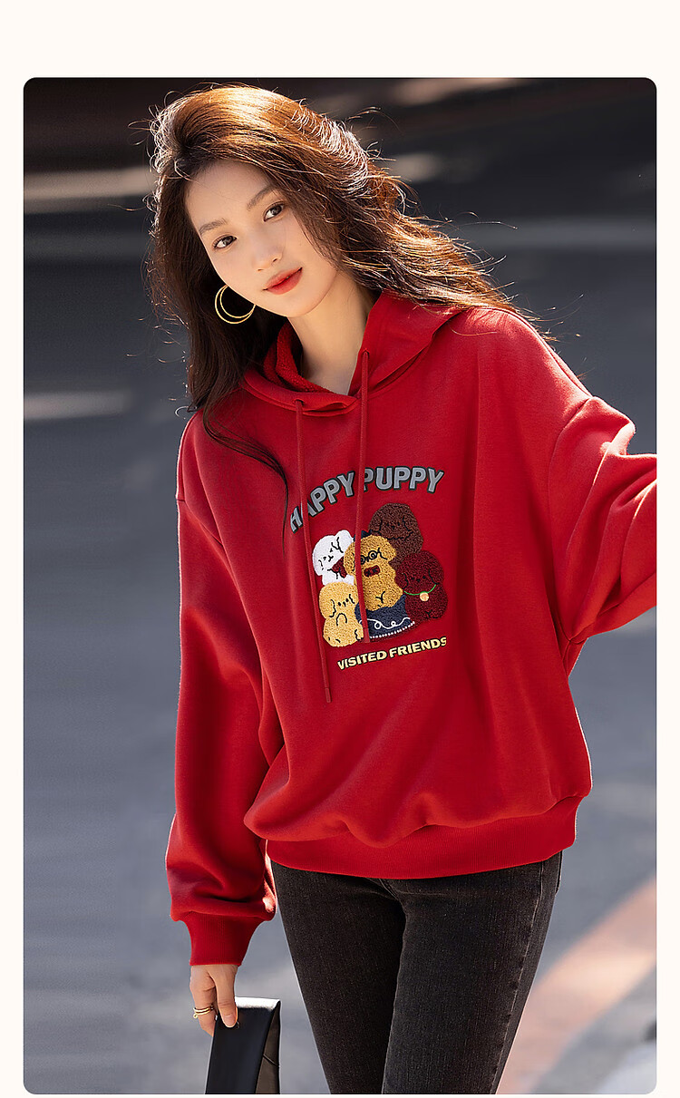 Dme Winter Casual Hooded Letter Animal Towel Embroidery Fleece-Lined Warm Sweatshirt Women's Top, Light Water Green, XL 2