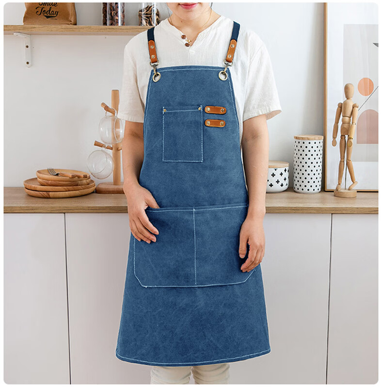 Canjiangjun Fashion Home Apron, Stain-Resistant And Oil-Proof Canvas, Thickened And Wear-Resistant, for Restaurant, Hairdresser, Bubble Tea Shop Work Uniform, Blue 13