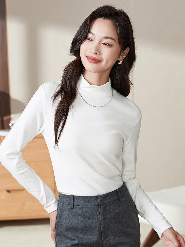 Woodpecker Women's Pure Cotton Half Turtleneck Slim Fit Stretch Long Sleeve Base T-Shirt 2025, White, M 11