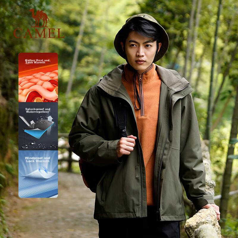 CAMEL Three-In Jacket for Men with Detachable Fleece Inner Layer, Thickened, Windproof And Waterproof U1W2TR341