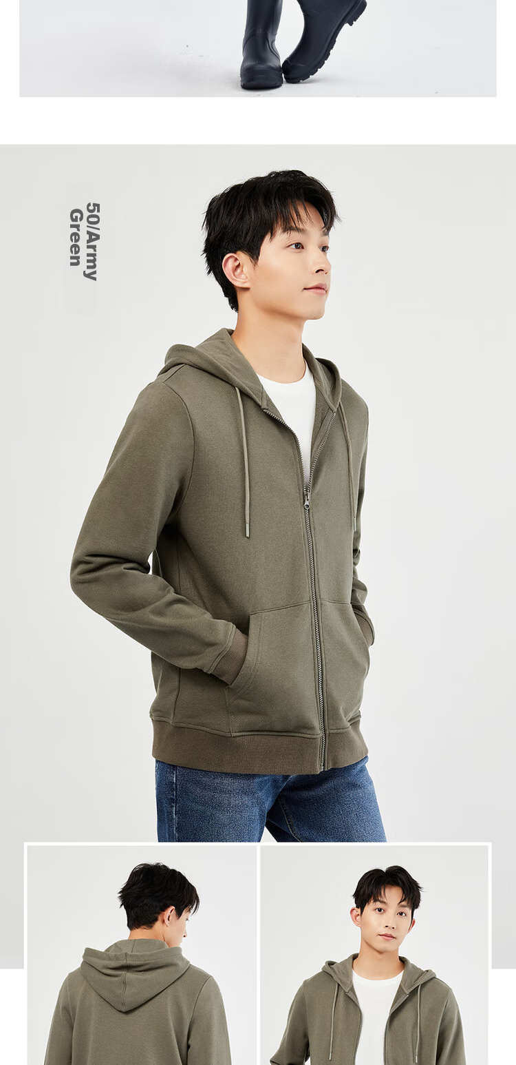 Giordano Casual Jacket for Men, Zip-Up Sports Coat, Pure Cotton Kangaroo Pocket Hooded Sweatshirt, Cardigan for Men, 13074890 14