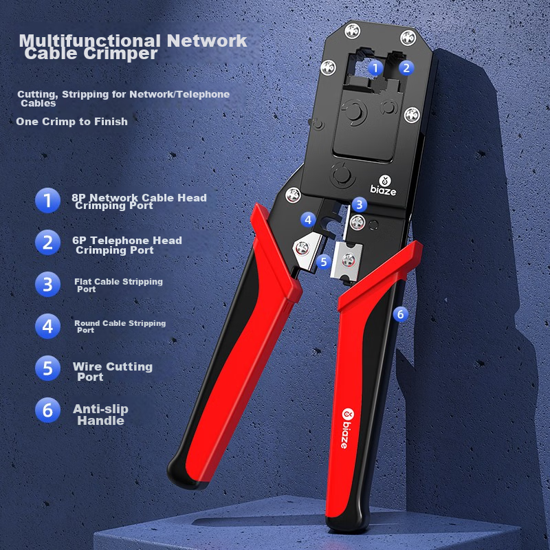 BIAZE Обжимной инструмент для сетевых кабелей RJ45, универсальный для Category 6P/8P, многофункциональный, с храповым механизмом, пружинным съемником изоляции и резаком
