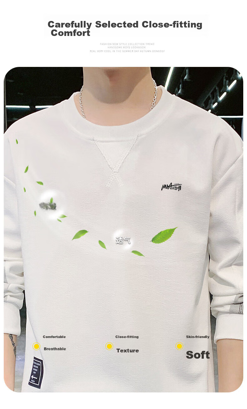 Mianzhi Men's Sweatshirt, Spring And Autumn Outdoor Sports Versatile Long-Sleeve Thin Undershirt, White, XL 5