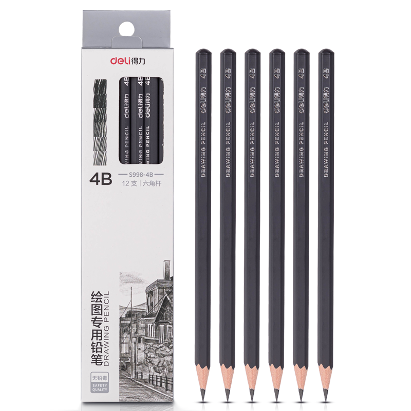 Deli Drawing Pencils, 12 Pieces, 4B Sketch Pencils, Hexagonal Shaft Writing Black Pencils for Students, Art Sketching Engineering Drawing Pencils, Specialized for Beginners, Back-To Stationery