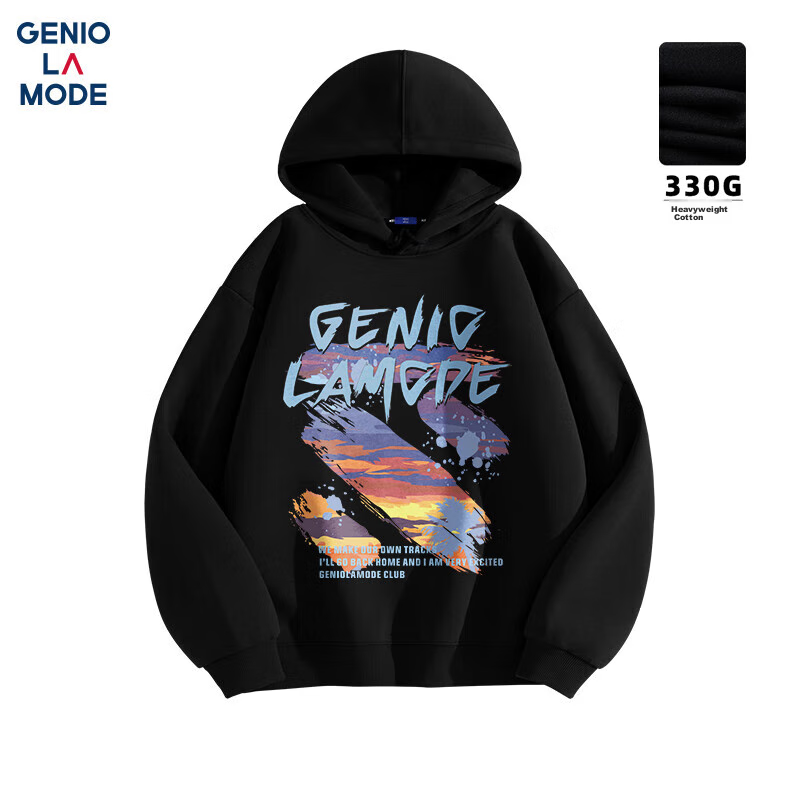 GENIOLAMODE Hooded Sweatshirt for Men, Autumn Pullover Graffiti Print, Loose Casual Versatile Youth Clothing Trendy, Black, 3XL