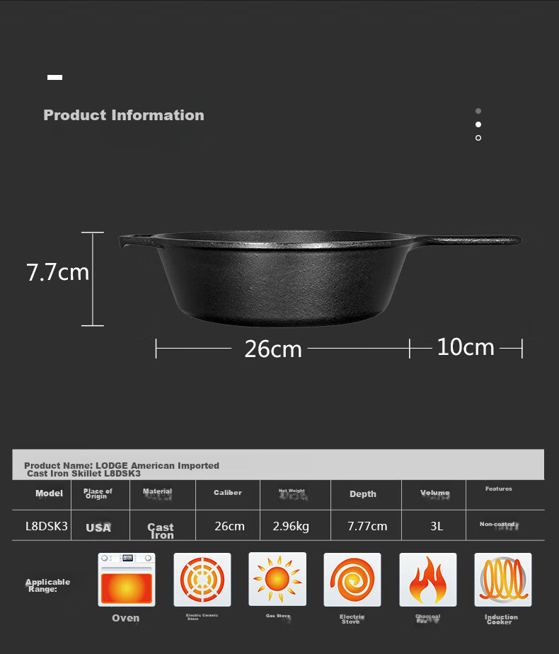 LODGE [Imported from USA] 26cm Flat Bottom Deep Frying And Stewing Pot, Non-Coated Non-Stick Cast Iron Pan L8DSK3 11