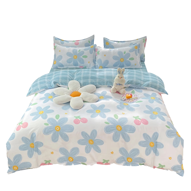 AVIVI Duvet Cover, Dormitory Single Bed Cover, Washed Cotton Brushed Duvet Cover, Single Piece, 150x200cm, Blue Blooming Flowers