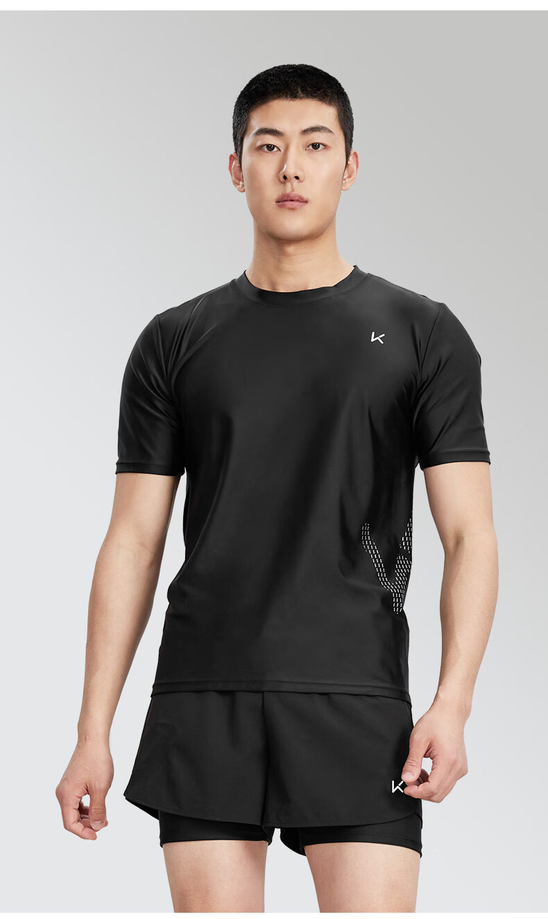 Keep Men's Short Sleeve Swim Shirt, Quick-Dry Anti-Embarrassment Professional Hot Spring Surfing Suit Swimming Gear, Black, XXL 12