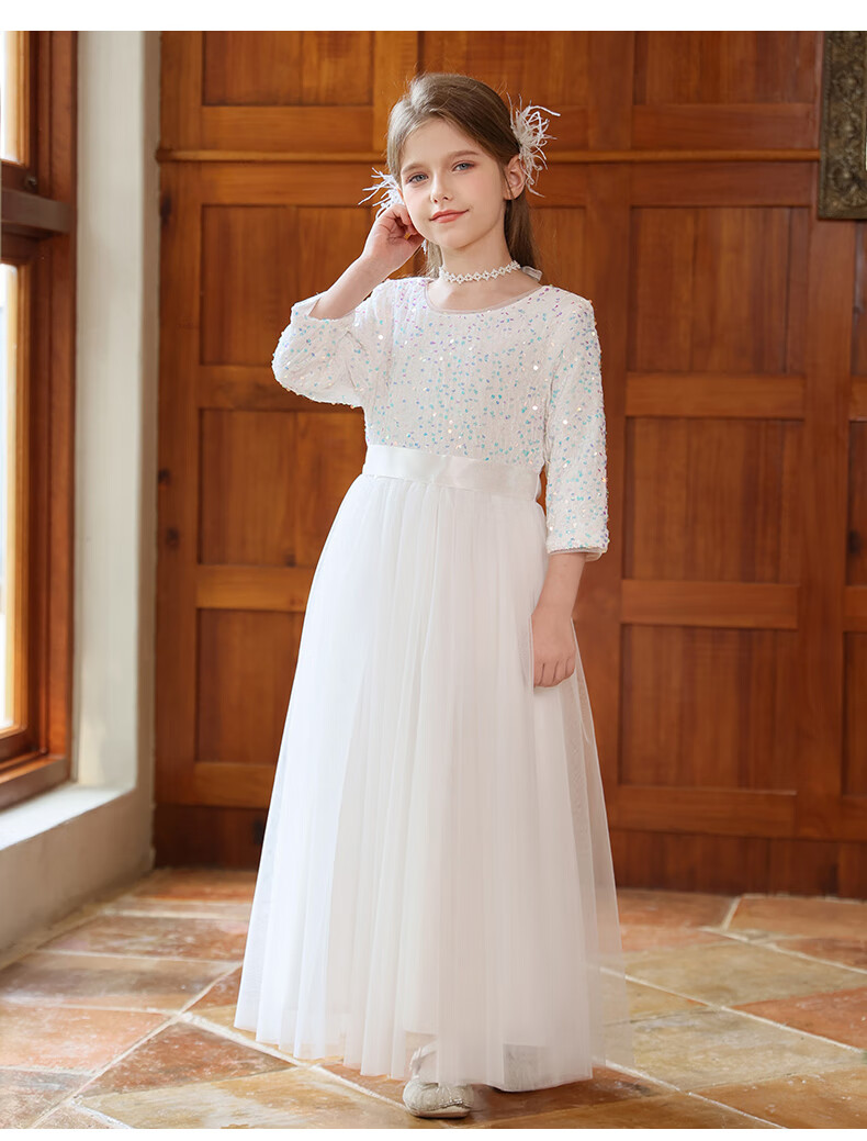 Yinuofang Girls' Performance Dress White Long Skirt Singing Dance Competition Host Dress Birthday Flower Girl Wedding Choir Dress 2