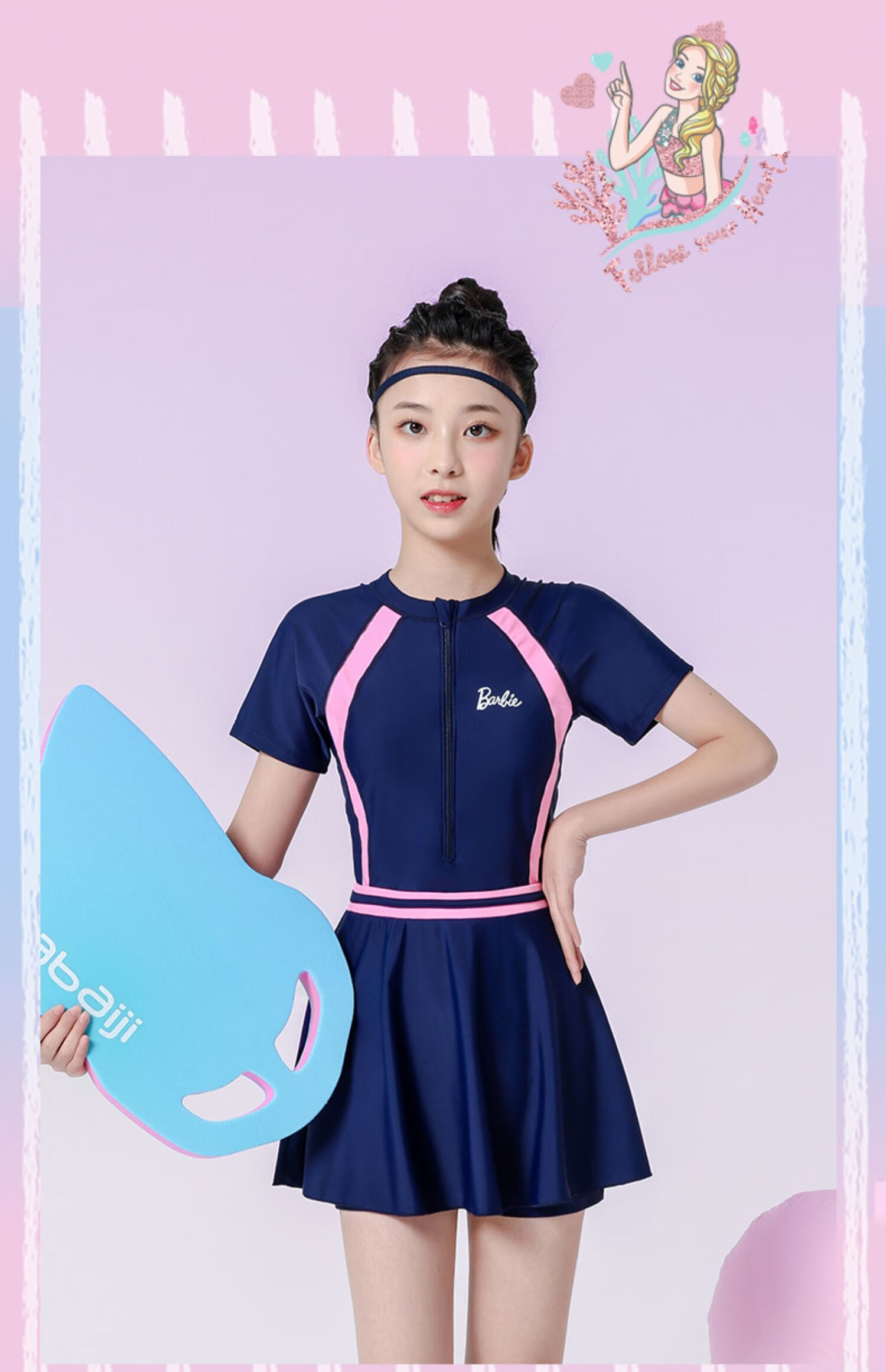 Barbie Children's Sun Protection Swimsuit One-Piece Dress for Older Girls, Conservative Swimwear for Elementary, Middle And High School Training for Young Wome 27