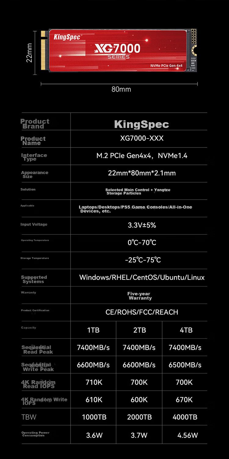 KingSpec 2TB SSD Solid State Drive M.2 Interface PCIe4.0 Read Speed 7400MB/s NVMe TLC Particles Desktop Laptop Universal Compatible Black Myth: Wukong 12