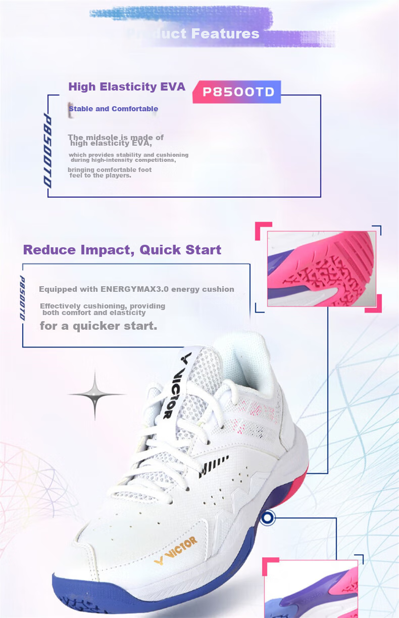 VICTOR Badminton Shoes, All-Round Competition Model, Shock-Absorbing Power Cushion, for Men And Women P8500TD, Pearl White/light Purple, Size 36 4