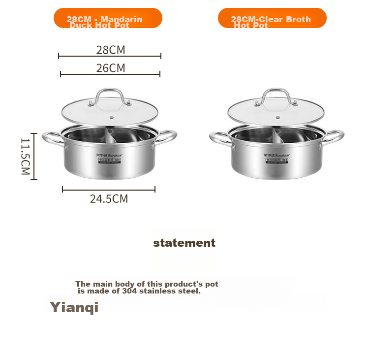 Royalstar Hot Pot, 304 Stainless Steel Soup Pot for Gas And Induction Stoves, Universal Clear Soup Basin, 30cm 21