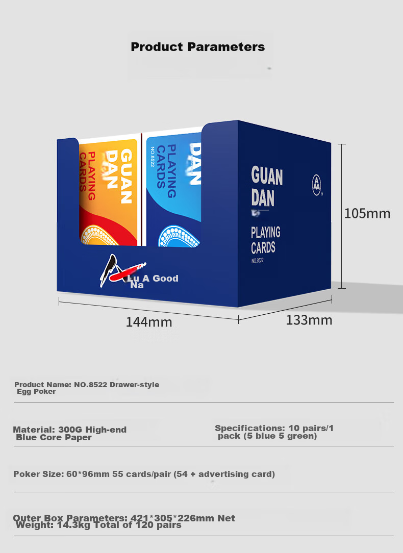 AAA Guandan Playing Cards, AAA Guandan Card Decks, Entertainment Playing Cards, Blue Core Paper Material, 8522 Two-Color Set, Ten Decks 10