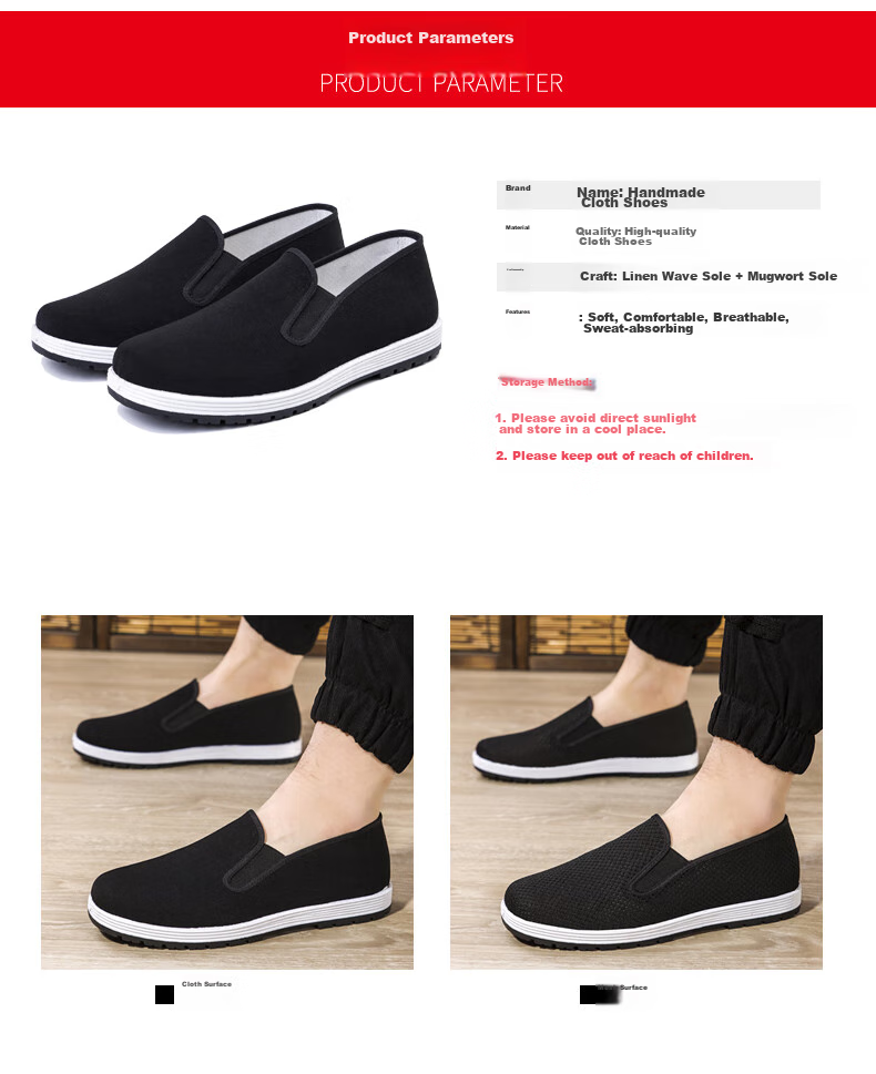 IQGD Traditional Cloth Shoes for Men, Old Beijing Style Casual Low-Top Shoes with Thousand-Layer Sole Slip-On Elderly Shoes 052 Black Size 39 3
