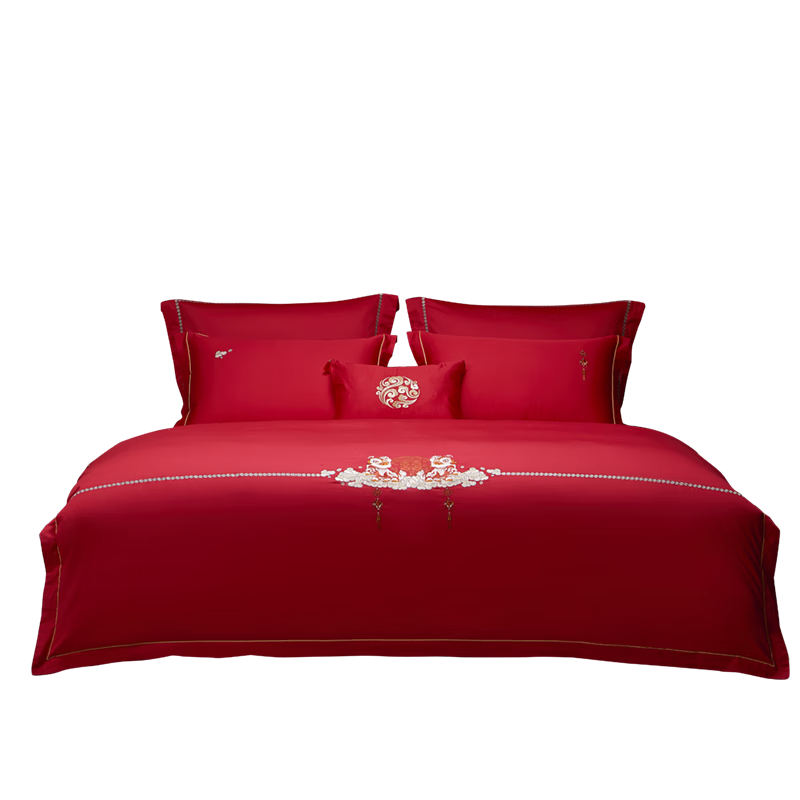LUOLAI Home Textiles Wedding Red Four-Piece Bedding Set with 40 Embroidered Pure Cotton Sheets, Wedding Bedding for 1.8-Meter Bed